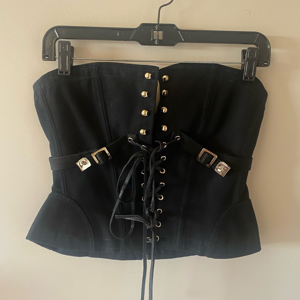 Tom Ford Black and Gold Lace up Bustier Corset top